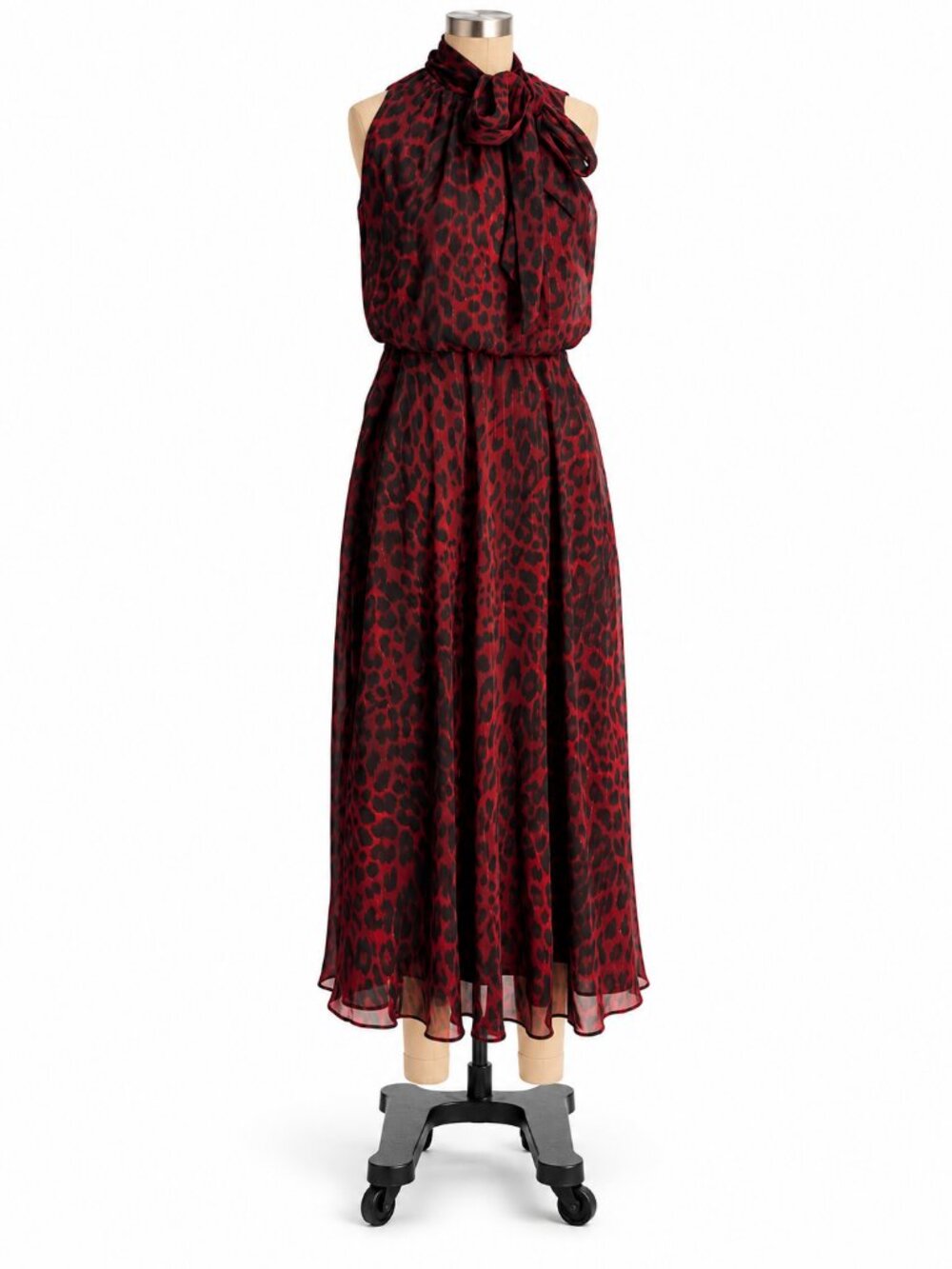 Calvin Klein Red & Black Animal Print Tie-Neck Dress - 4 / S